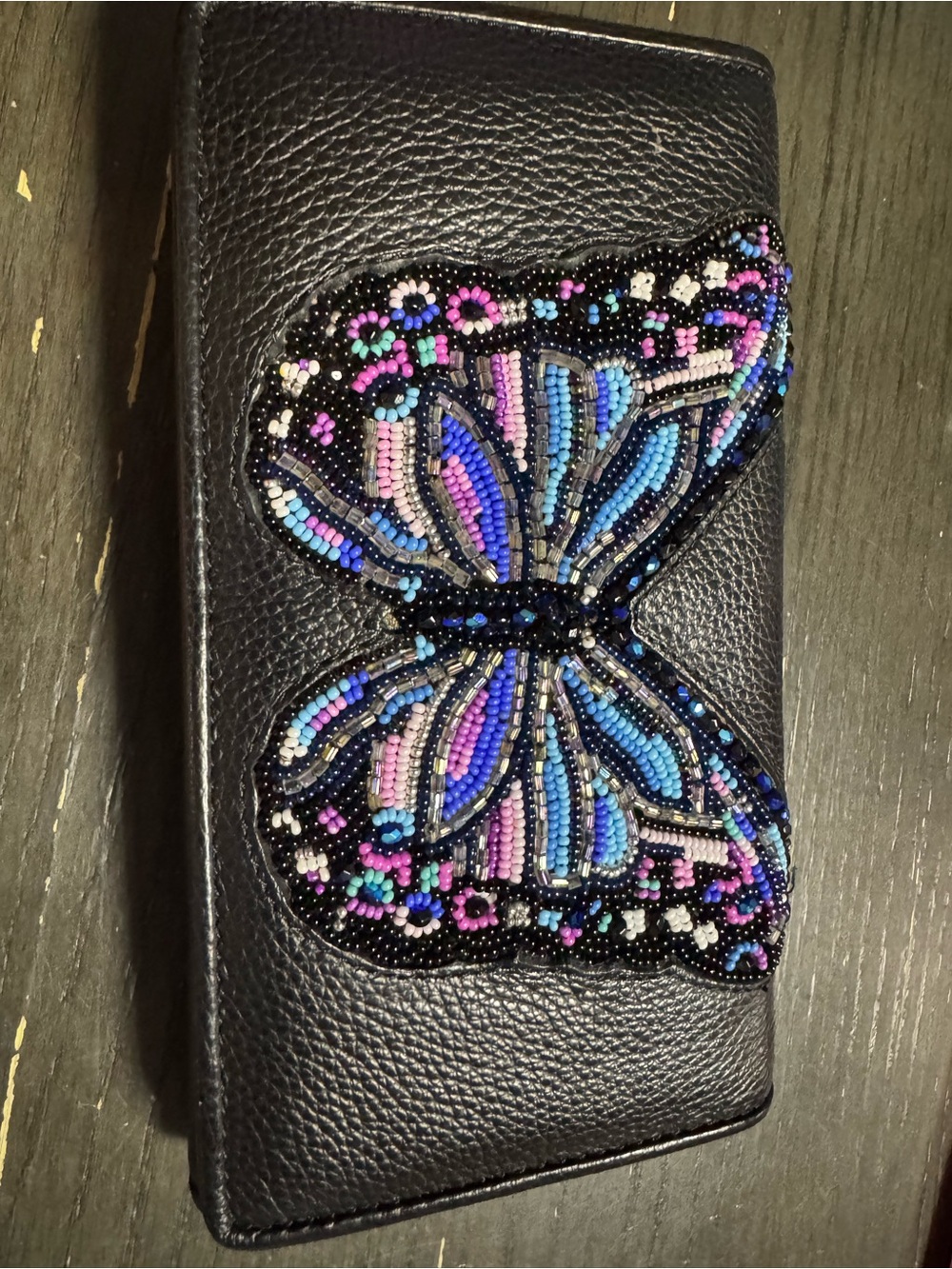 Brighton Beaded Butterfly Black Leather Wallet